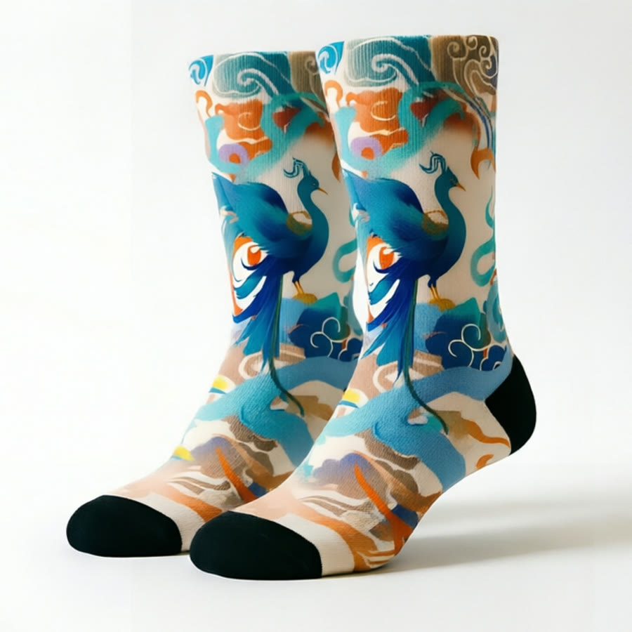 Peacock crew sock — the approved design mockup