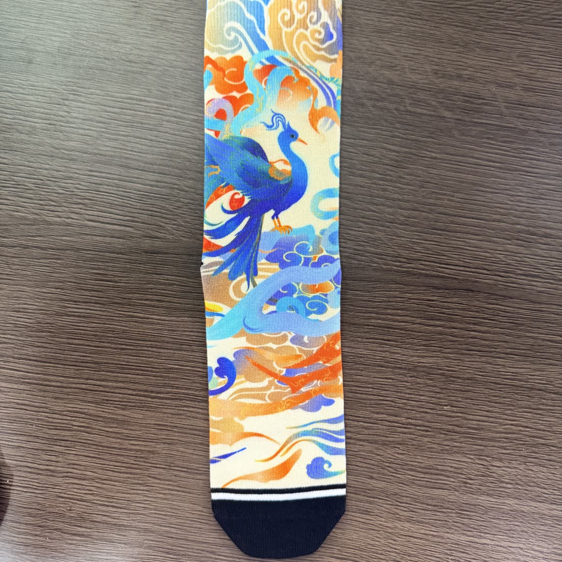 Custom knit sock, peacock and cloud print