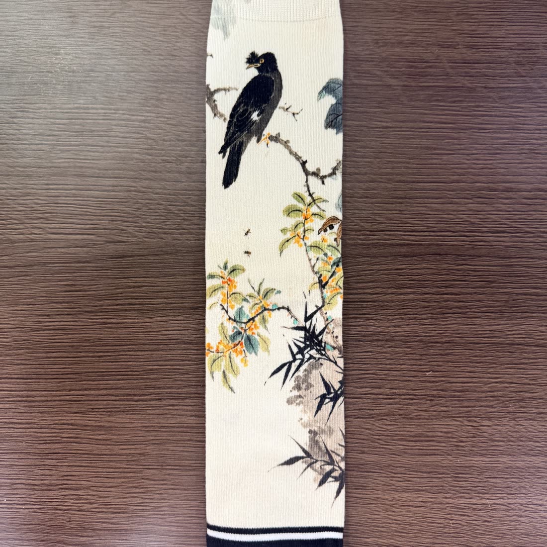 Custom knit sock, ink-wash bird print