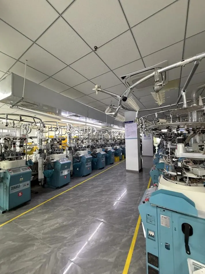 Rows of circular sock-knitting machines on the mill floor